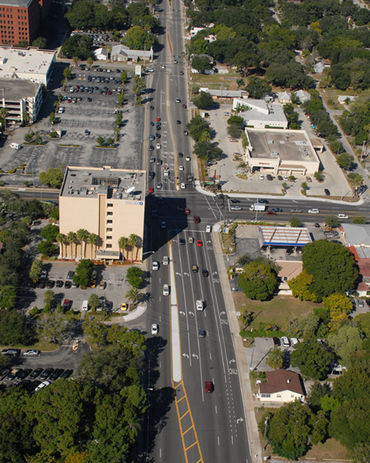 Aerial view of a highway through a city